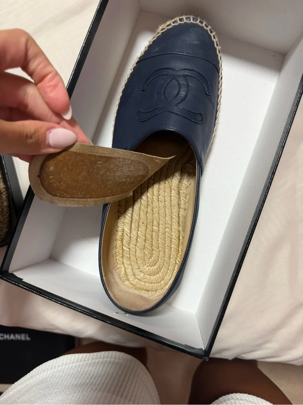 AUTHENTIC CHANEL Dark Navy Leather CC Espadrille Flats